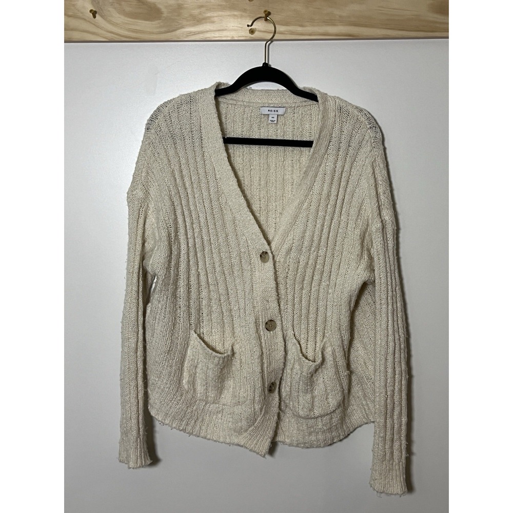 Reiss Annie Relaxed Wool Blend Cardigan Preppy Sweater Buttons Cream Women Sz XS